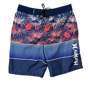 Hurley Boys Board Shorts Tropical Floral Striped Swim Trunks Size 14/27 Blue Red